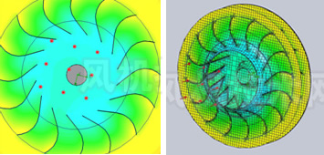 葉輪截面壓力分布云圖        葉輪內部靜壓分布圖